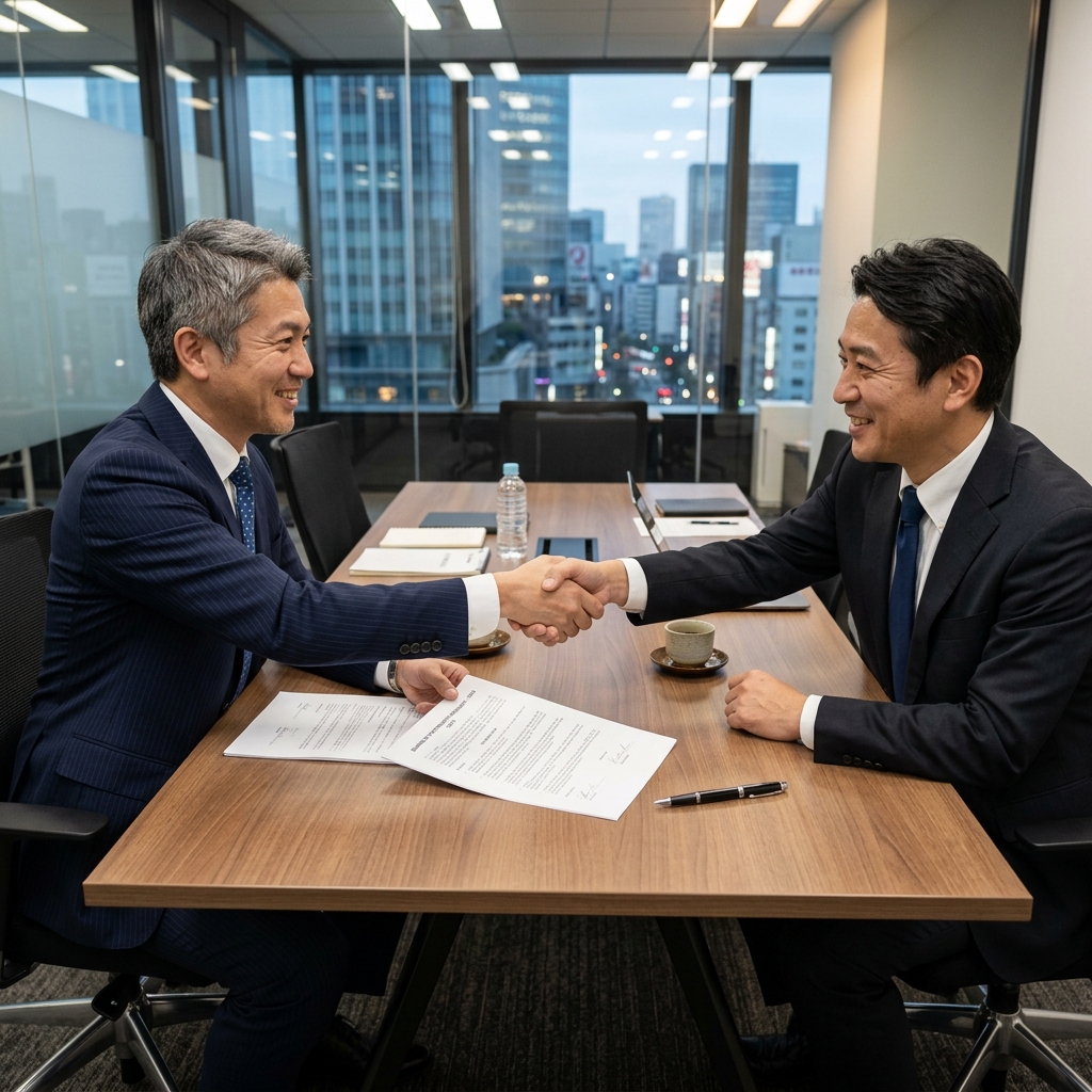 単価交渉シーン:ビジネスパーソン同士が契約書を前に握手