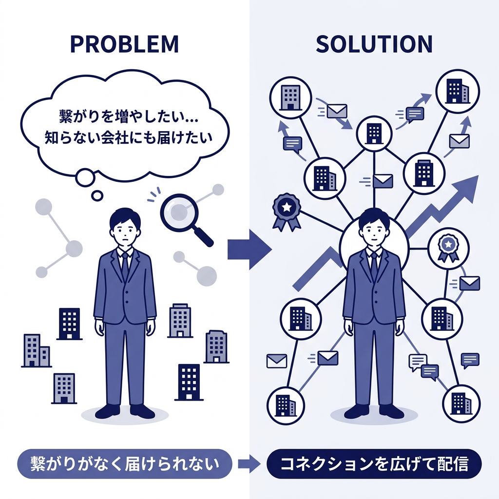 営業の繋がりを増やしたい、
繋がりのない企業にも届けたい